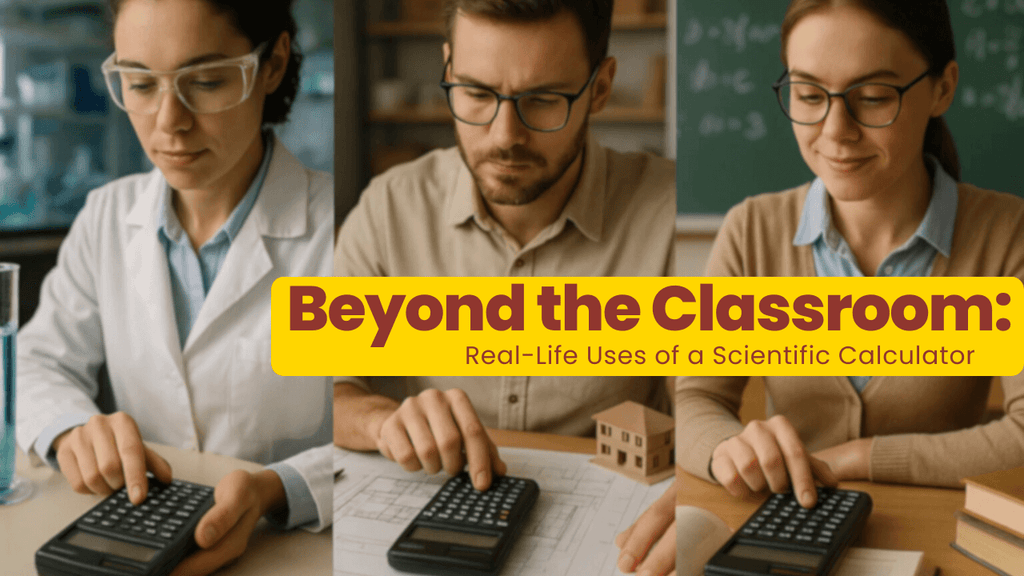 Three professionals—a scientist, an architect, and a teacher—using scientific calculators in their work, with text overlay reading ‘Beyond the Classroom: Real-Life Uses of a Scientific Calculator.’