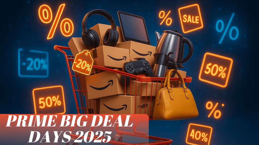 A 3D shopping cart filled with Amazon boxes, headphones, a tablet, a kettle, a game controller, and a handbag, surrounded by glowing discount signs showing 20%, 40%, and 50% off, highlighting the Prime Big Deal Days 2025 sales event.