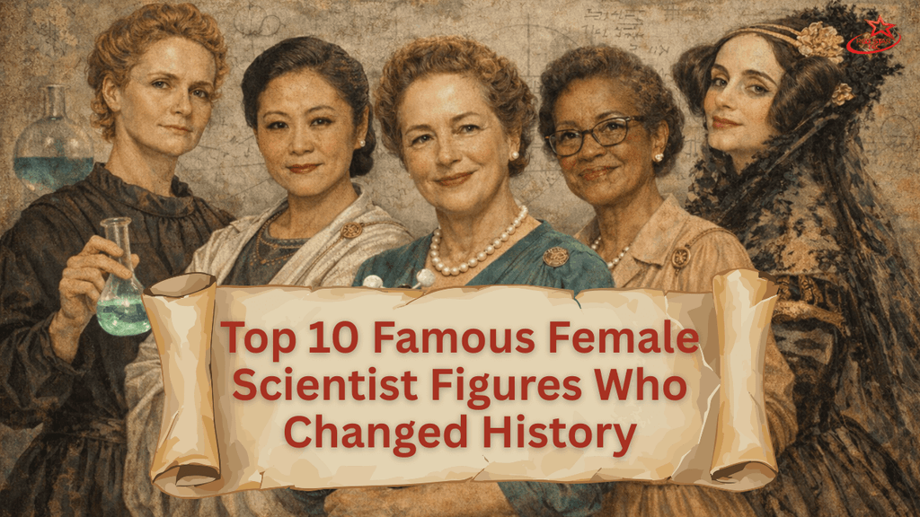 Artistic illustration of famous female scientists who changed history and contributed to major scientific discoveries.
