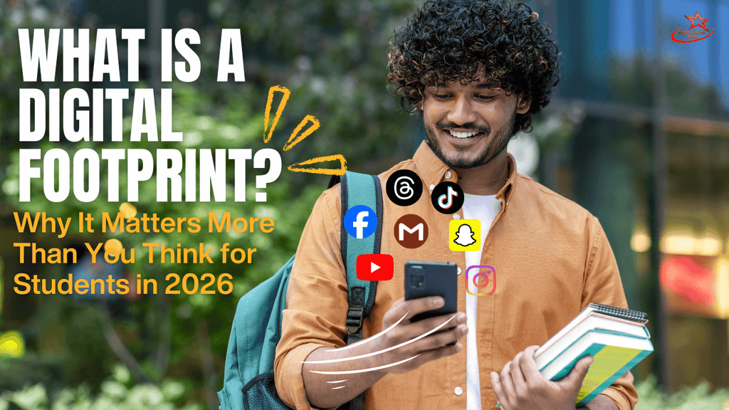 Student smiling while looking at a smartphone with social media icons floating around, representing a digital footprint and online reputation for students in 2026