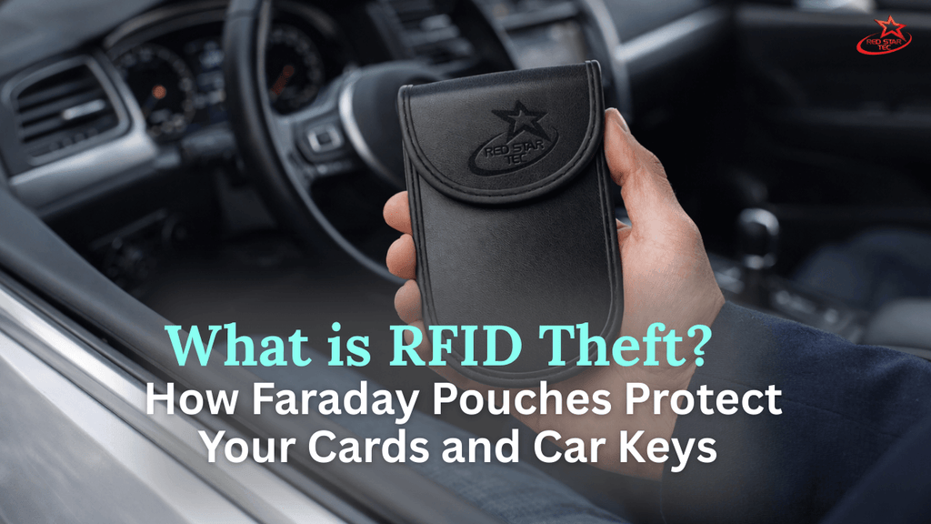 Person holding a Faraday pouch in a car to block RFID signals and protect key fobs and cards from wireless theft.