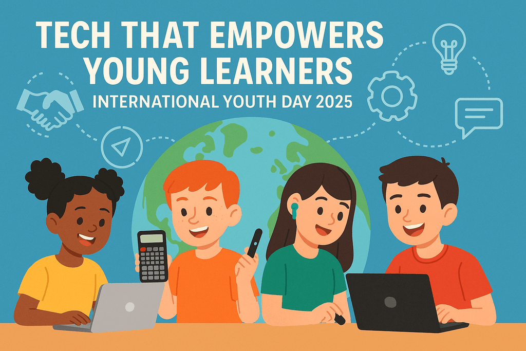 Colorful illustration of four kids using laptops, a calculator, a remote, and earbuds before a globe, with icons for learning, creativity, and cooperation. Text reads, “Tech That Empowers Young Learners—International Youth Day 2025.”