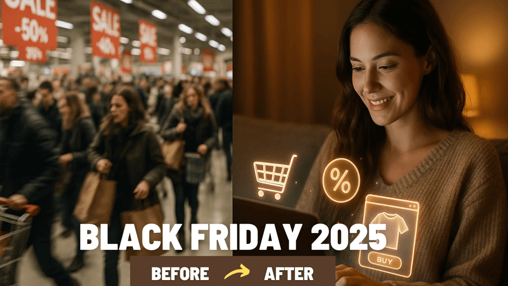 Black Friday 2025 thumbnail showing a crowded shopping mall with people rushing under big sale signs on the left and a woman smiling while shopping online with digital icons on her laptop on the right. Text reads: Black Friday 2025, Before → After.