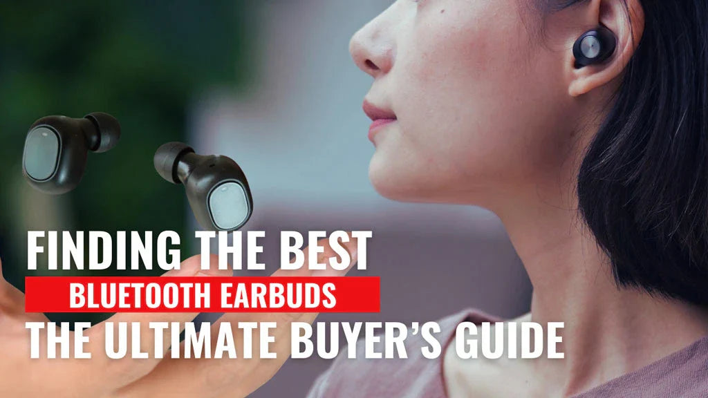 A woman wearing wireless earbuds with floating earbuds in the foreground, showcasing modern earbud technology.