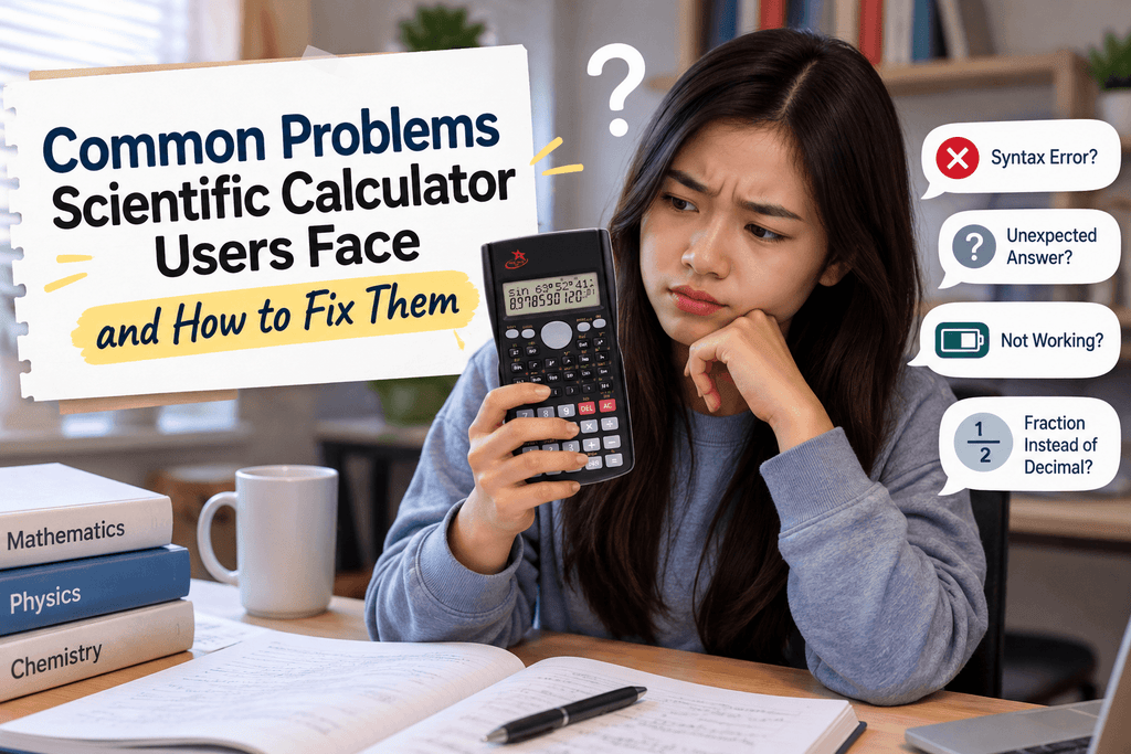 Student holding a Red Star Tec SC-216 scientific calculator while troubleshooting common calculator problems, including syntax errors, unexpected answers, and display issues. 
