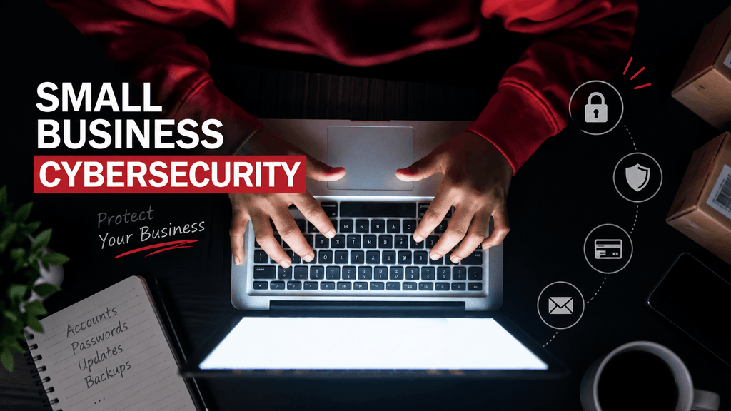 Small business cybersecurity thumbnail showing a person using a laptop, with security icons and e-commerce packages representing online business protection. 