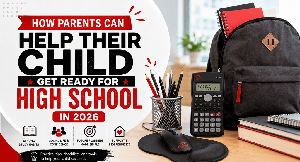 Back-to-school thumbnail showing a backpack, scientific calculator, wired mouse, mousepad, notebooks, and school supplies with the text “How Parents Can Help Their Child Get Ready for High School in 2026.” 