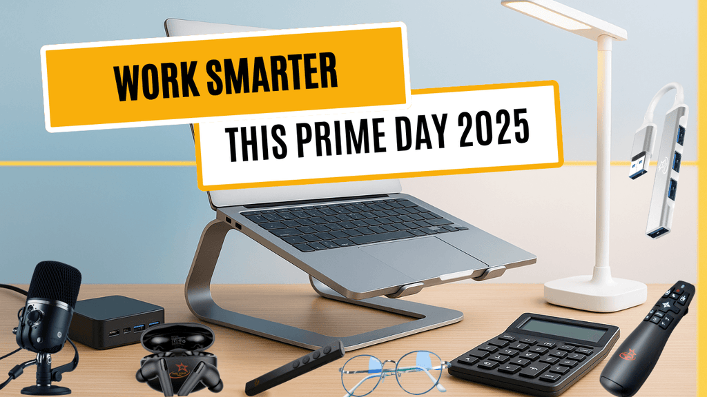 Work Smarter This Prime Day 2025 banner with tech tools including a laptop stand, desk lamp, USB hub, microphone, earbuds, calculator, blue light glasses, and presentation remote.