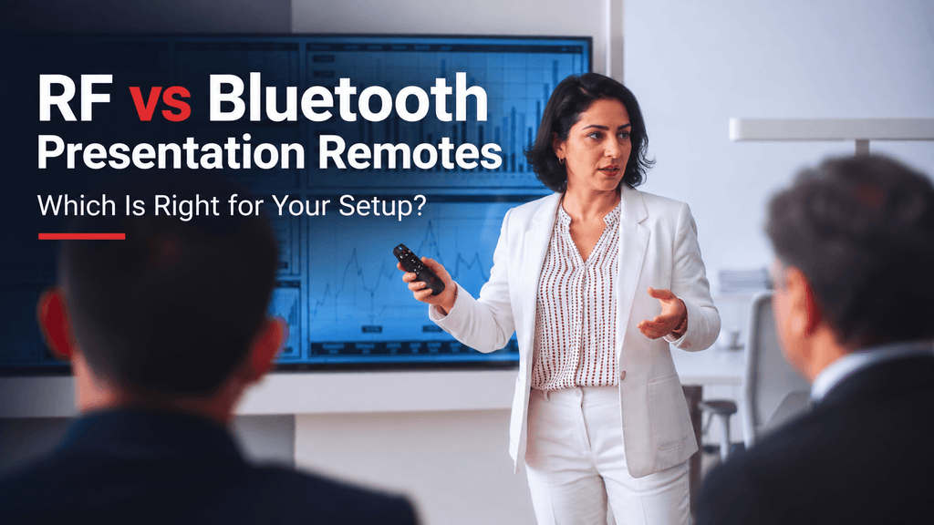 Woman using a presentation remote during a business presentation, with text comparing RF vs Bluetooth presentation remotes. 