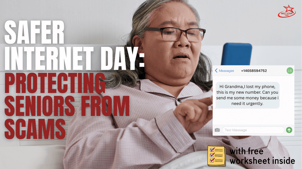 Senior woman looking concerned while using her smartphone, with text overlay “Safer Internet Day: Protecting Seniors from Scams.”