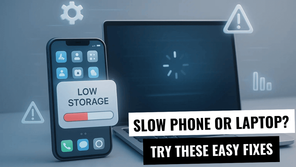 3D-style image showing a smartphone and laptop with low storage and loading warnings. A bold text overlay reads, “Slow Phone or Laptop? Try These Easy Fixes” to promote a 2025 tech blog offering tips to speed up slow devices.