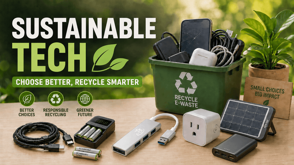 3D realistic thumbnail showing sustainable tech products and e-waste recycling items, including a USB hub, rechargeable battery charger, power bank, solar panel, cables, and a recycling bin with old gadgets.